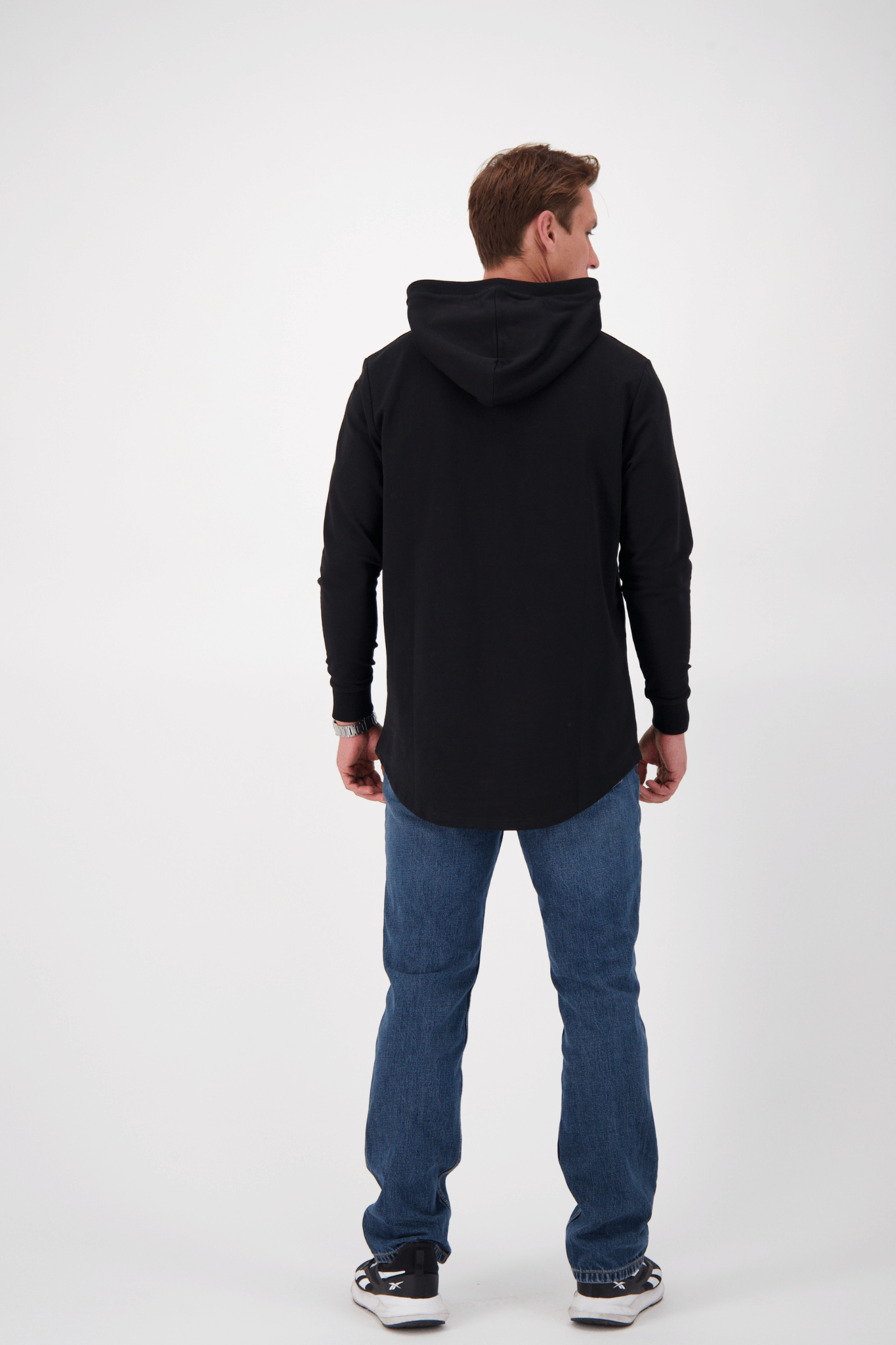 Empile Black Hoodie – back view on model, premium unisex streetwear