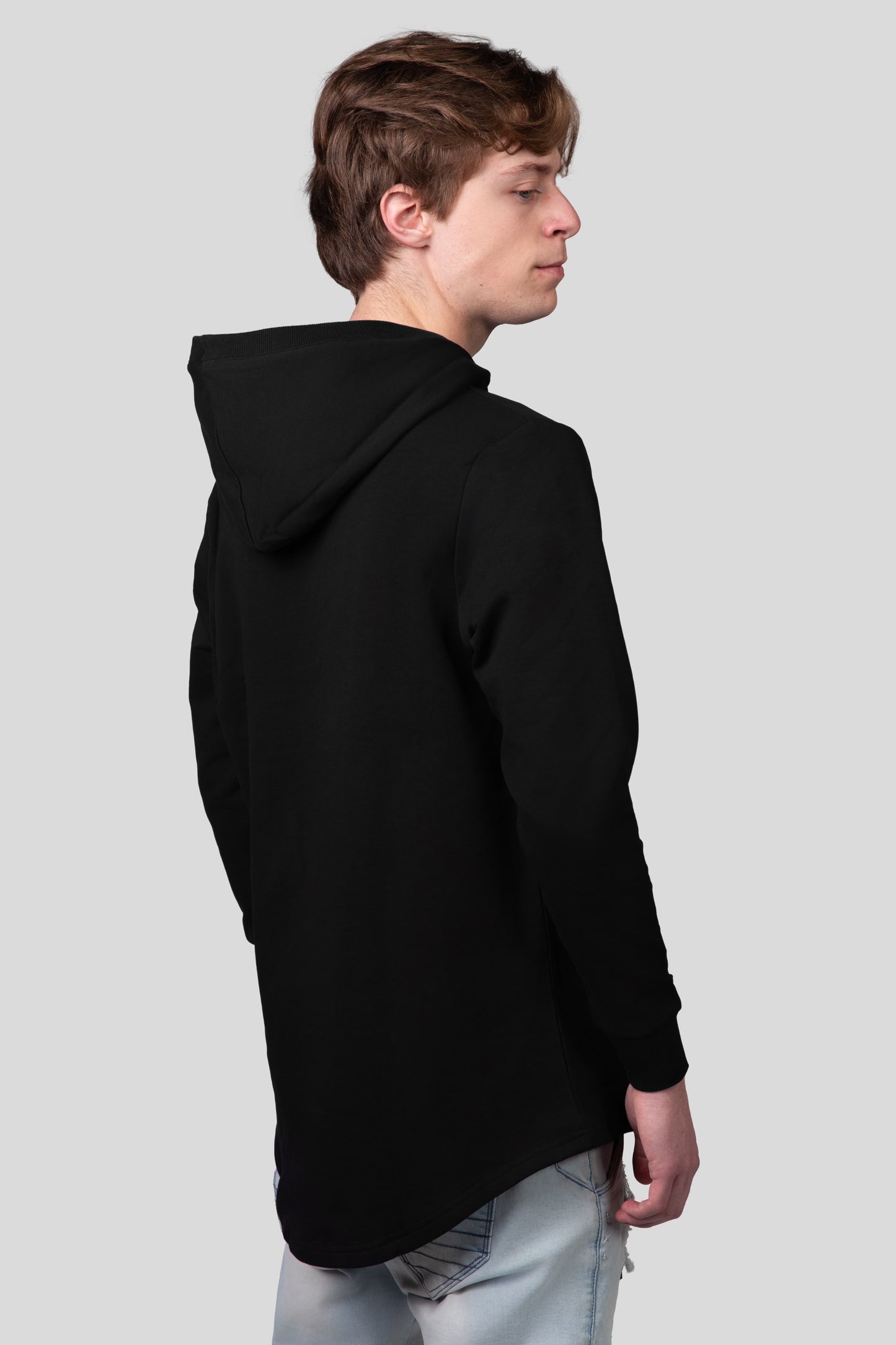 Empile Black Hoodie – side view on model, premium streetwear