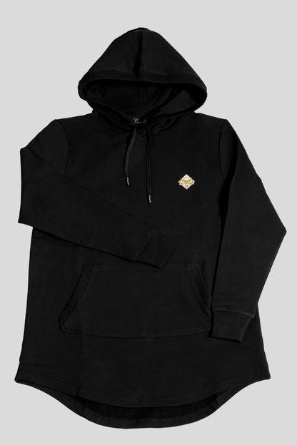 Front details of the Empile black longline hoodie