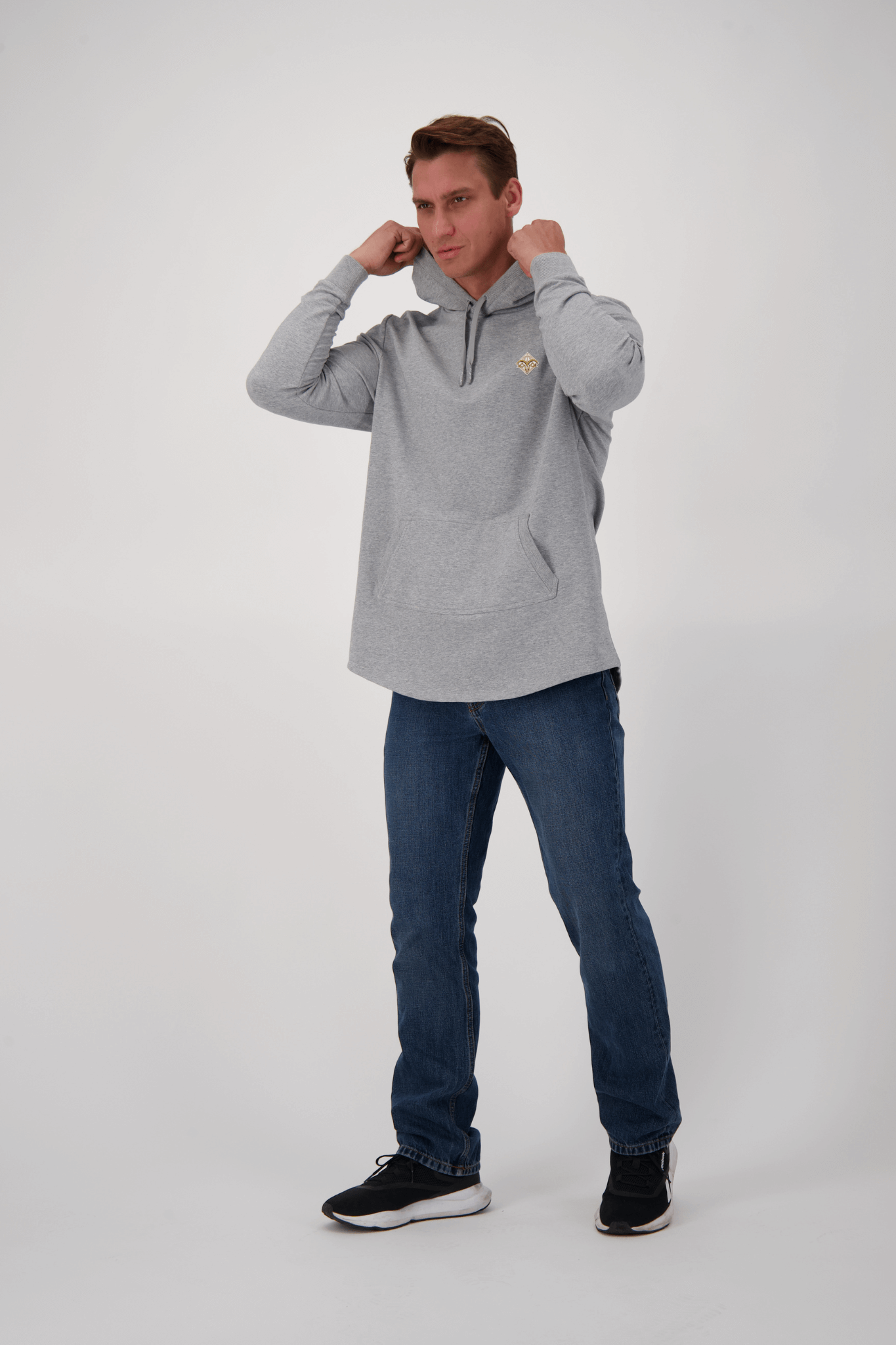 Empile Gray Hoodie – front view on model, premium unisex streetwear