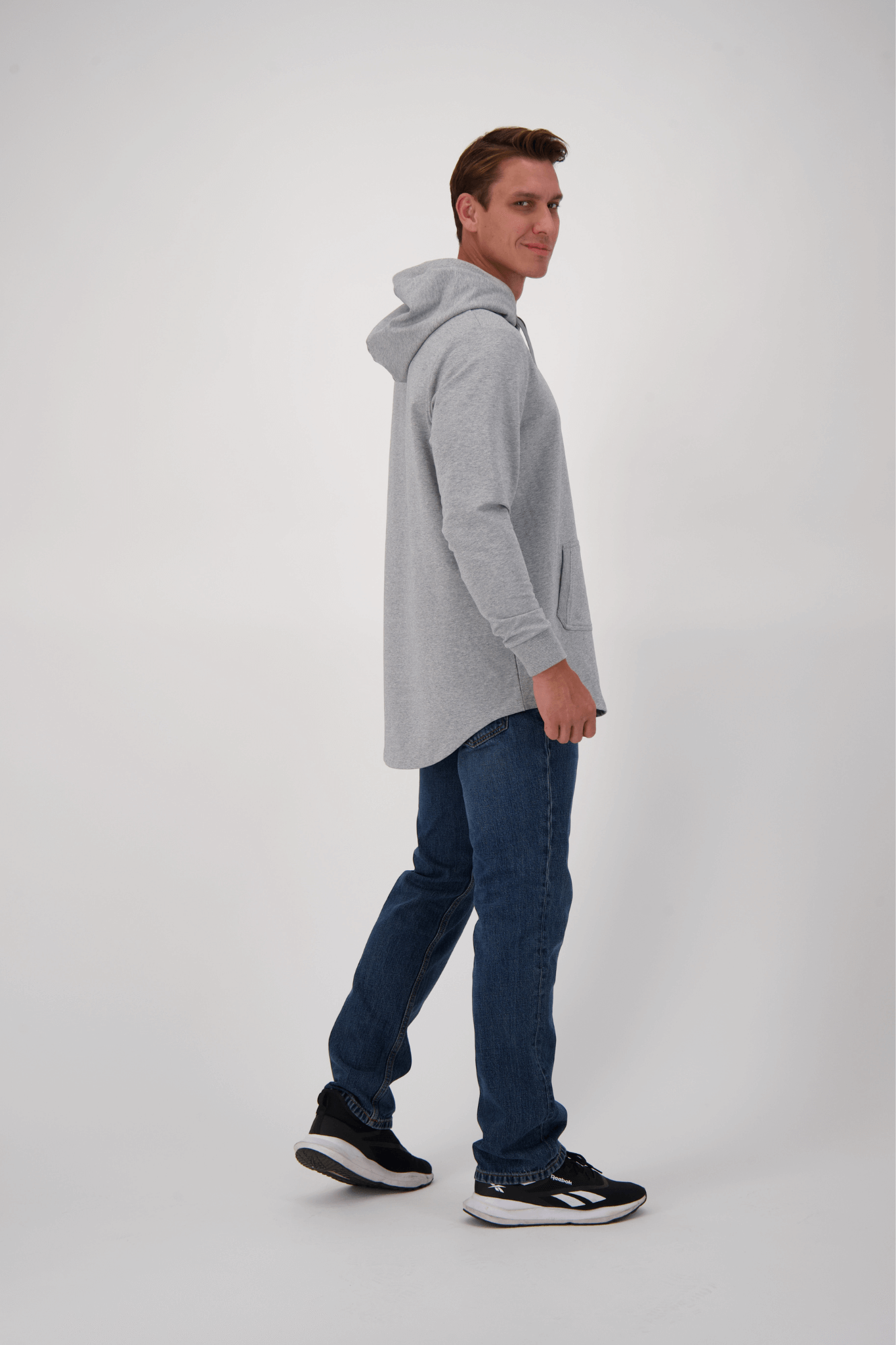 Empile Gray Hoodie – side view on model, premium unisex streetwear