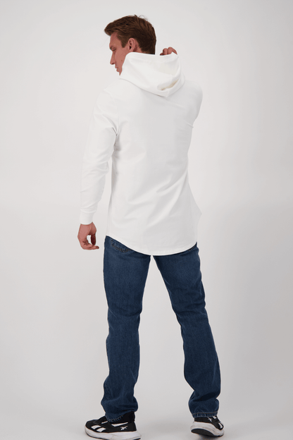 Empile White Hoodie – back view on model, premium unisex streetwear
