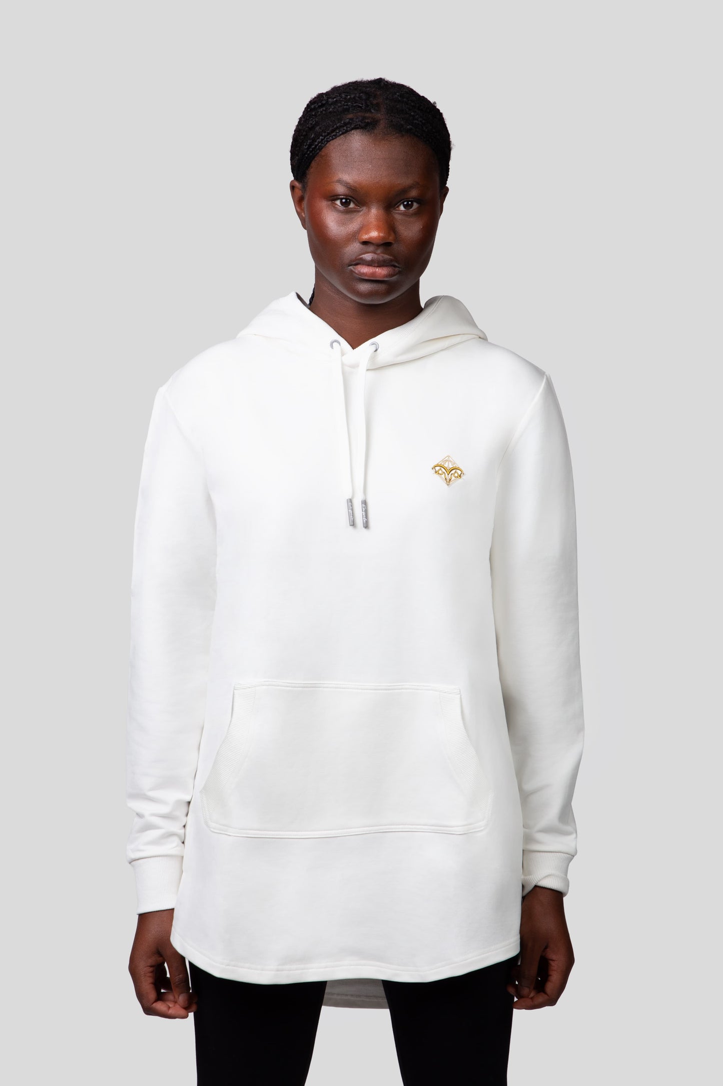 Empile White Hoodie – front view on model, premium streetwear