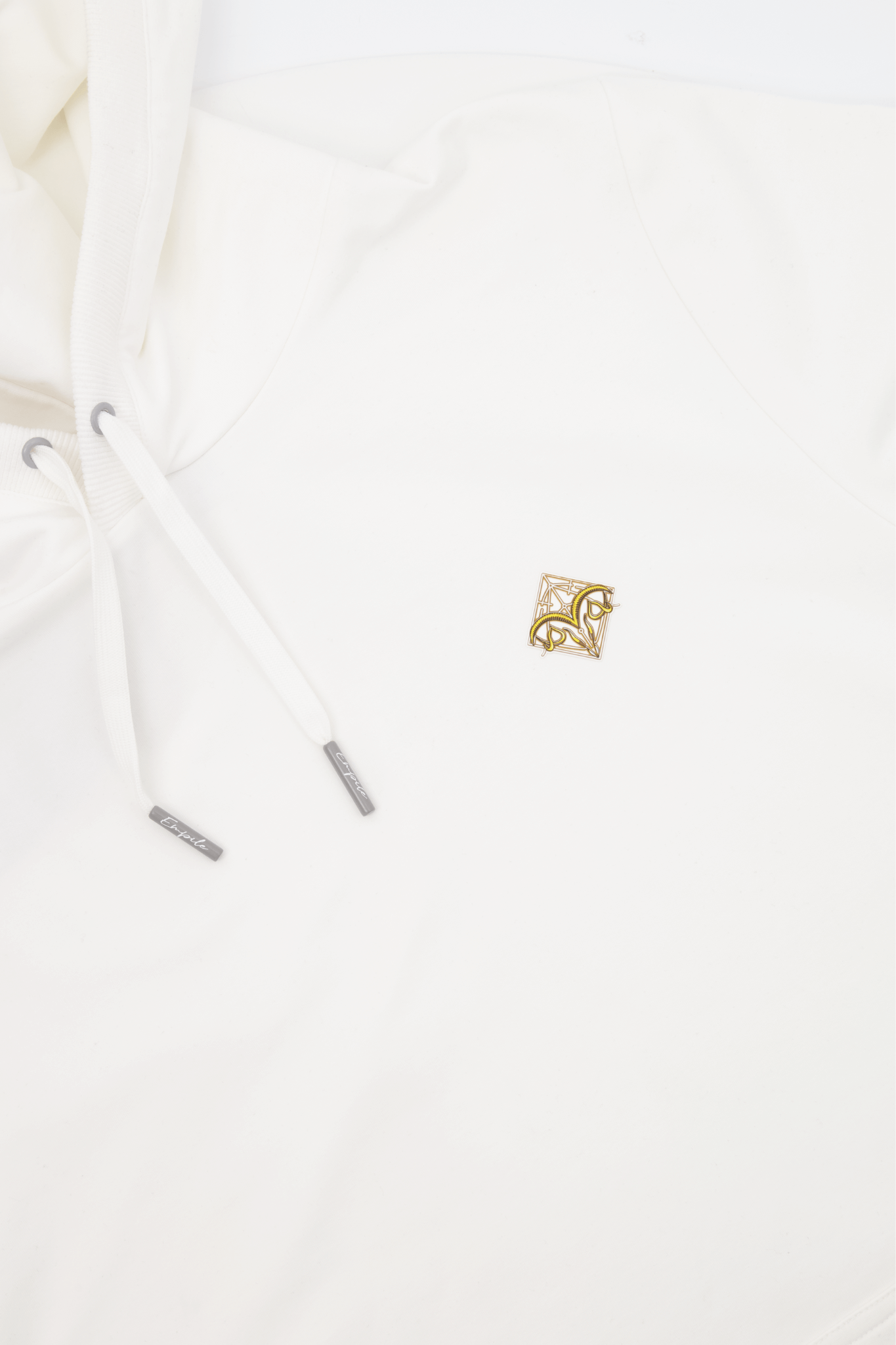 Empile White Hoodie – close-up of logo, premium streetwear detail