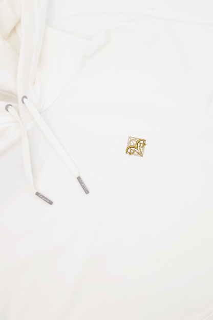 Empile White Hoodie – close-up of logo, premium streetwear detail