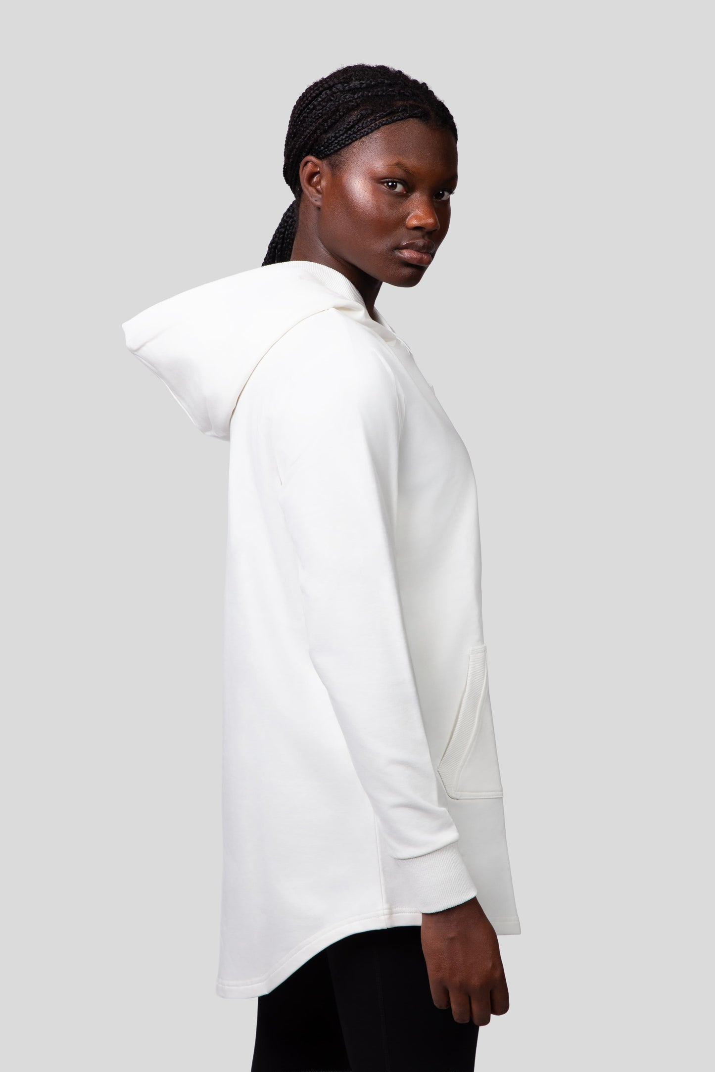 Empile White Hoodie – side view on model, premium  streetwear