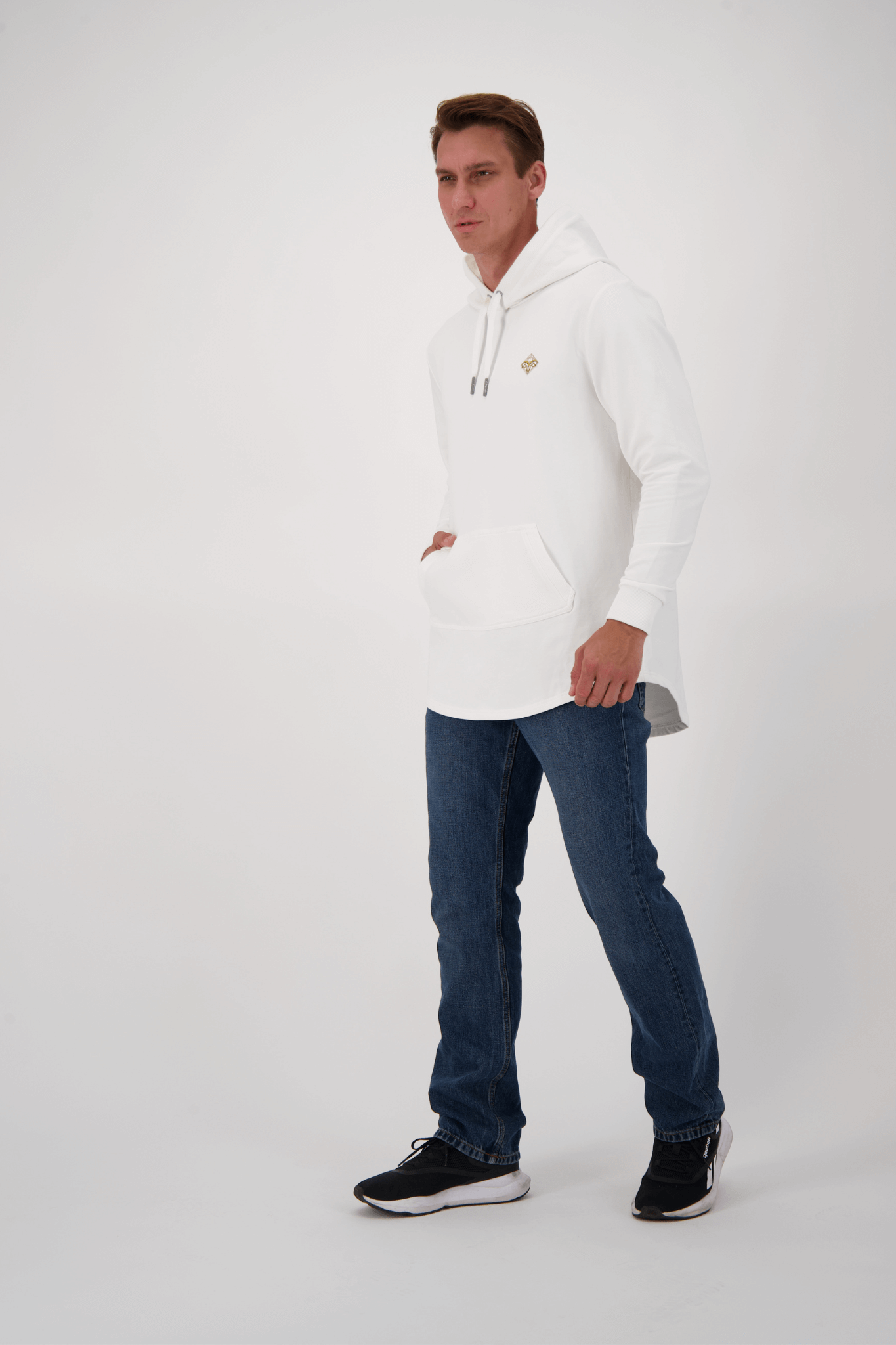 Empile White Hoodie – side view on model, premium unisex streetwear