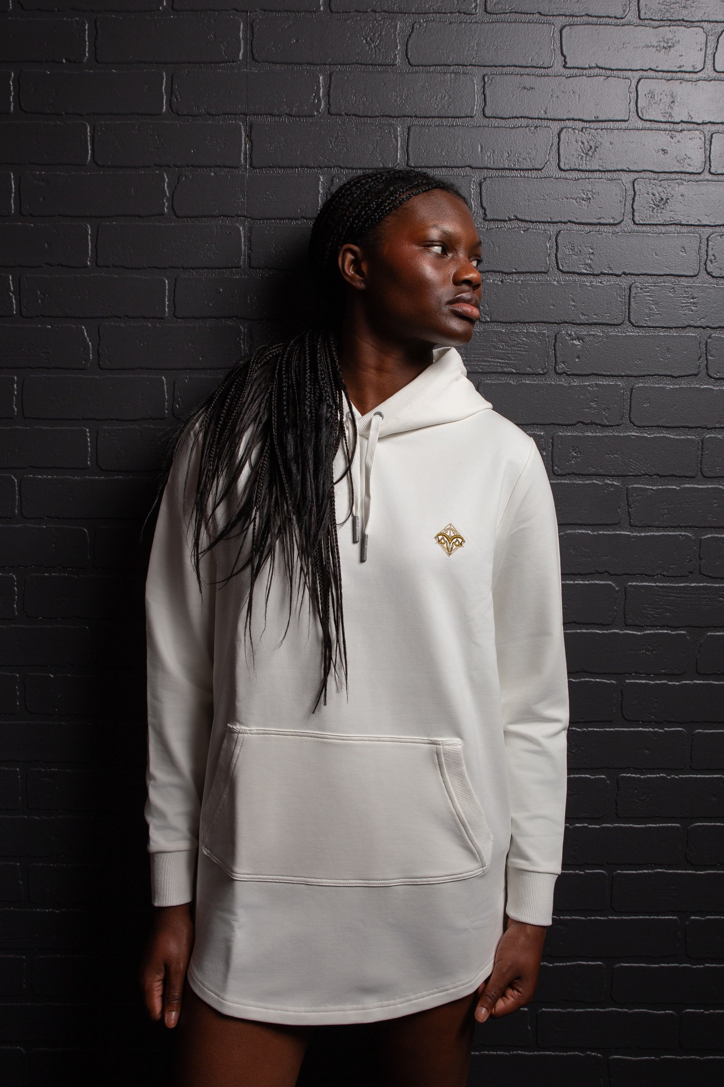 Front view of Empile white longline streetwear hoodie