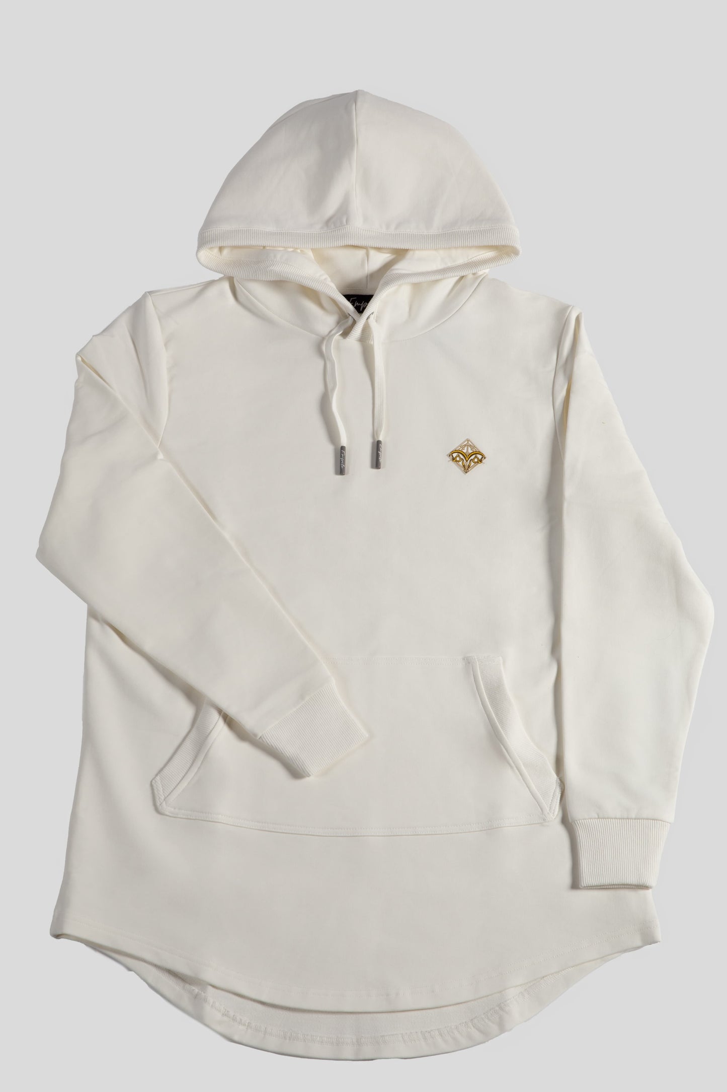 Front details of the Empile white longline hoodie