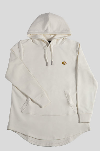Front details of the Empile white longline hoodie