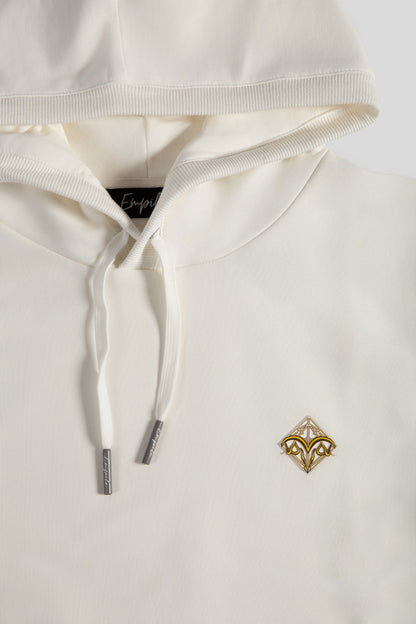Front details close up of the Empile white longline hoodie